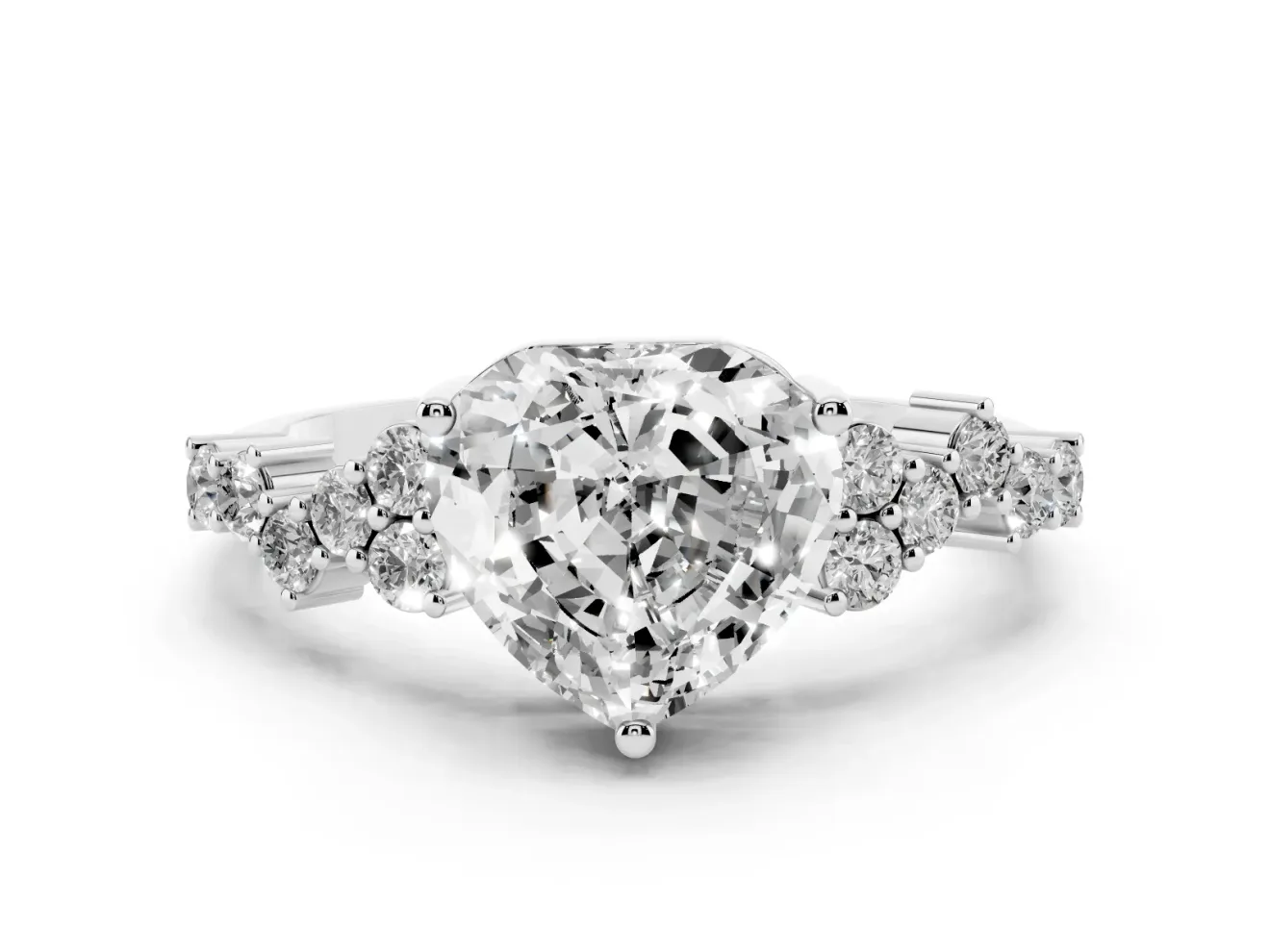 Heart-Shaped Scattered Accent Engagement Ring Setting | Slim Band | White Gold
