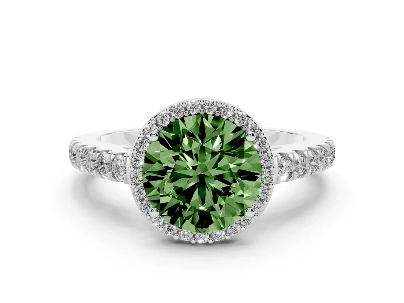 Fancy Green Round Cut Diamond Halo Engagement Ring Set in Silver with Pavé Band and Prong Setting
