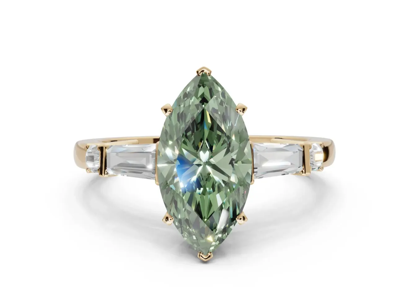 Marquise Tapered Baguette Engagement Ring Setting for a Fancy Green Lab-Grown Diamond | Yellow Gold