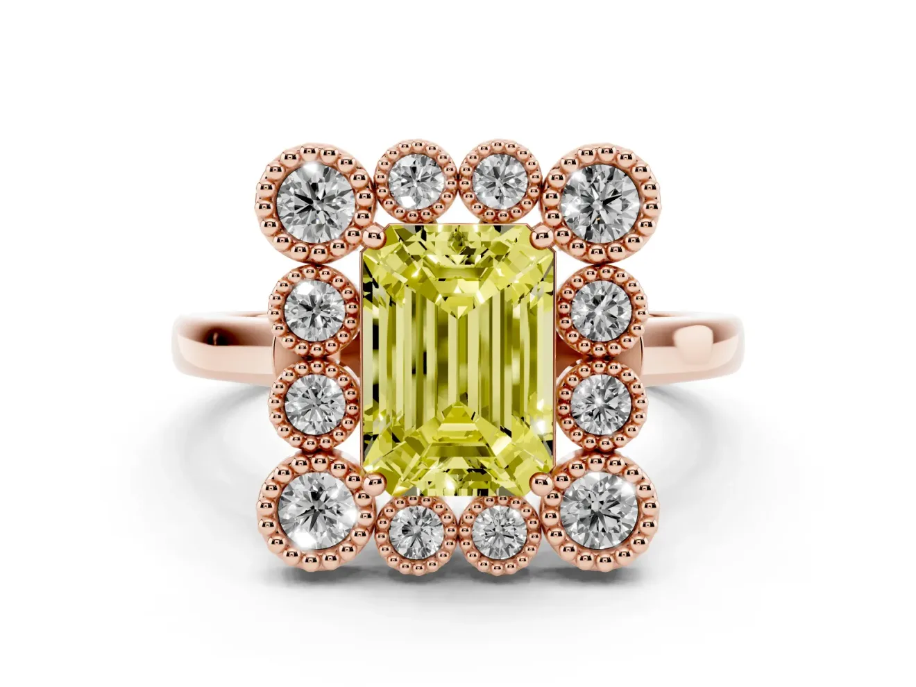 Emerald Cut Milgrain Cluster Halo Engagement Ring Setting for a Fancy Yellow Lab-Grown Diamond | Plain Band | Rose Gold
