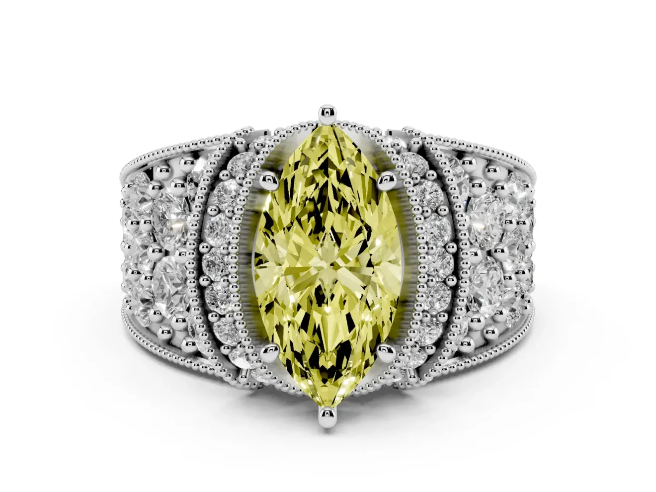Marquise Vintage Pave Engagement Ring Setting for a Fancy Yellow Lab-Grown Diamond | Milgrain Edges | Sterling Silver
