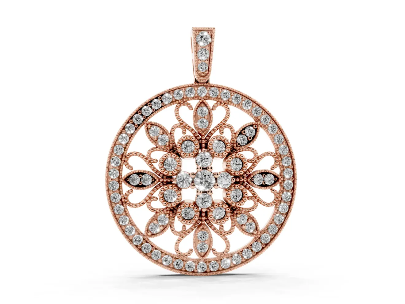 Round Lab-Grown Diamond Floral Filigree Pendant Necklace | Pavé Frame | Rose Gold