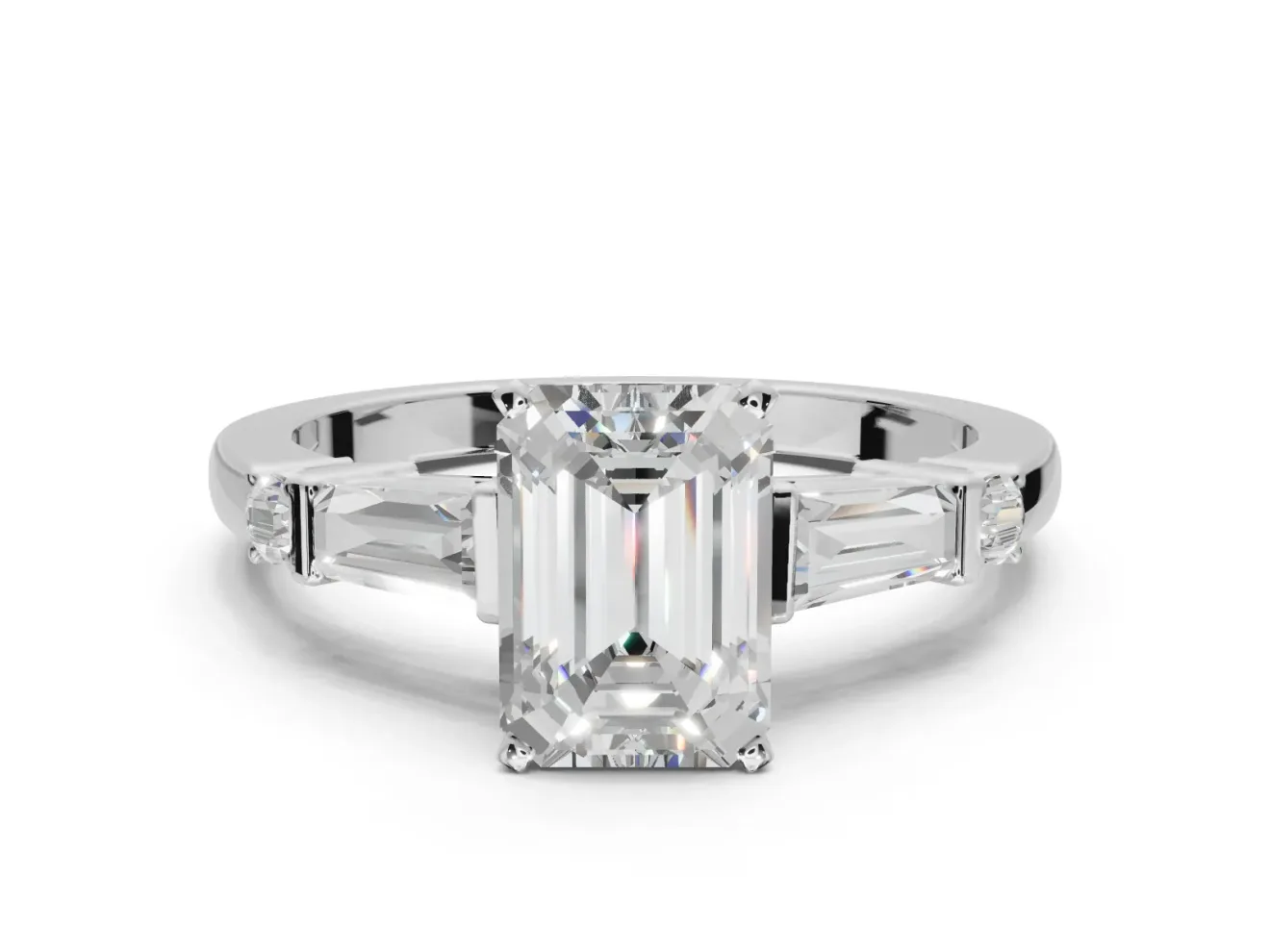Emerald Cut Tapered Baguette Engagement Ring Setting | Bar Set Sides | White Gold
