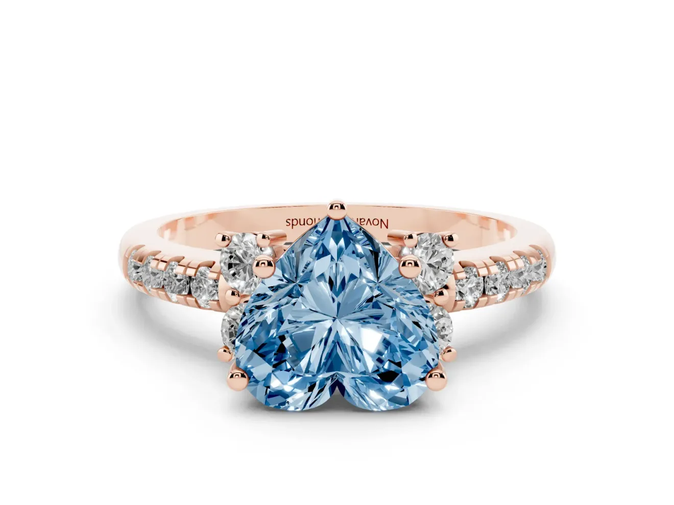 Heart-Shaped Side Stone Engagement Ring Setting for a Fancy Blue Lab-Grown Diamond | Pave Band | Rose Gold