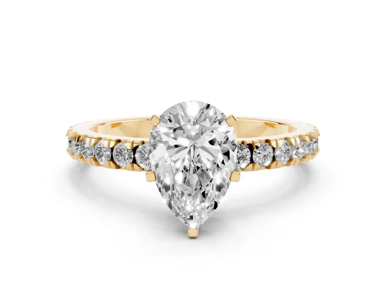 Pear-Shaped Shared Prong Solitaire Engagement Ring Setting | Pavé Band | Yellow Gold