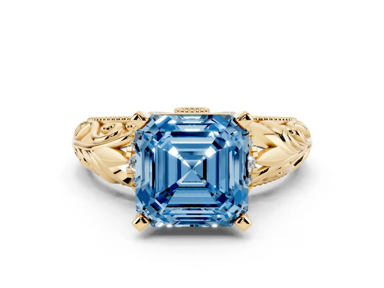 Fancy Blue Asscher Cut Diamond Filigree Halo Engagement Ring Set in Yellow gold with Prong Setting