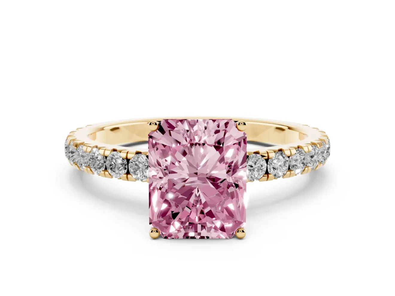 Radiant Cut Pave Solitaire Engagement Ring Setting for a Fancy Pink Lab-Grown Diamond | Shared Prong Band | Yellow Gold