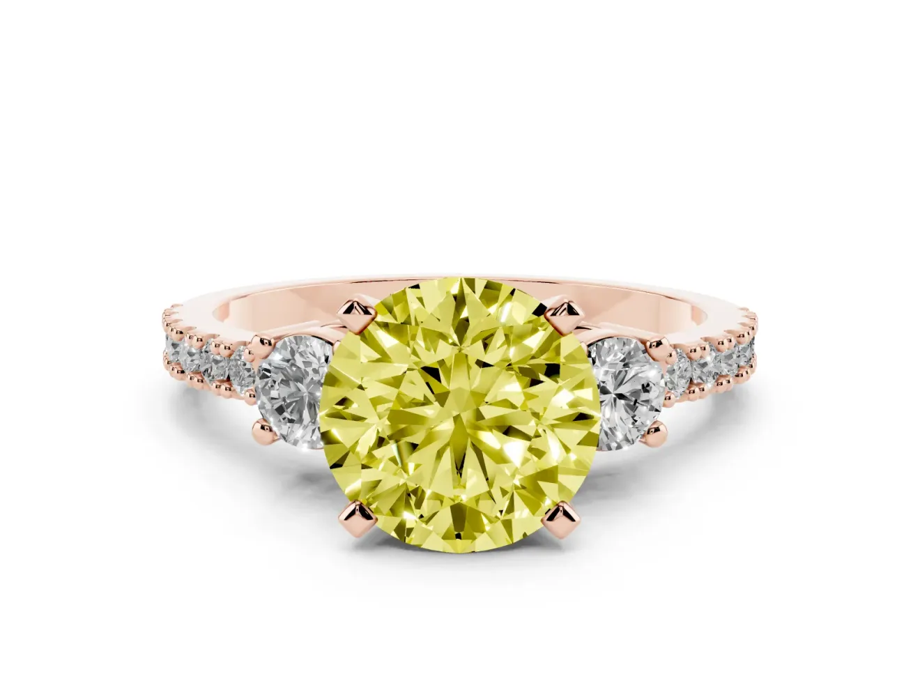 Fancy Yellow Three-Stone Round Cut Diamond Pavé Band Ring Set in Rose gold with Prong Setting