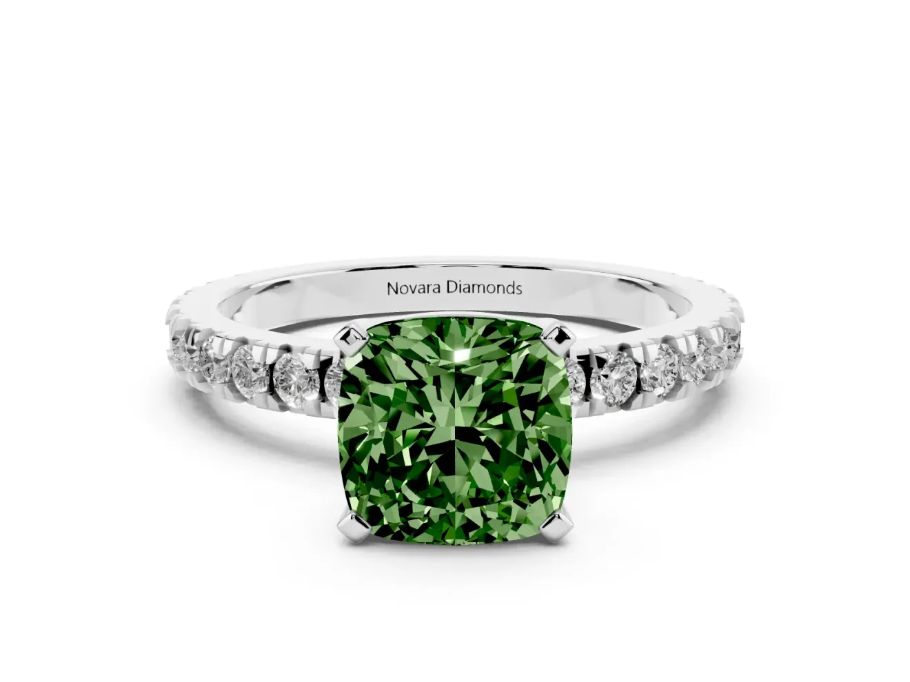 Fancy Green Cushion Cut Diamond Pavé Band Solitaire Set in Platinum with Prong Setting