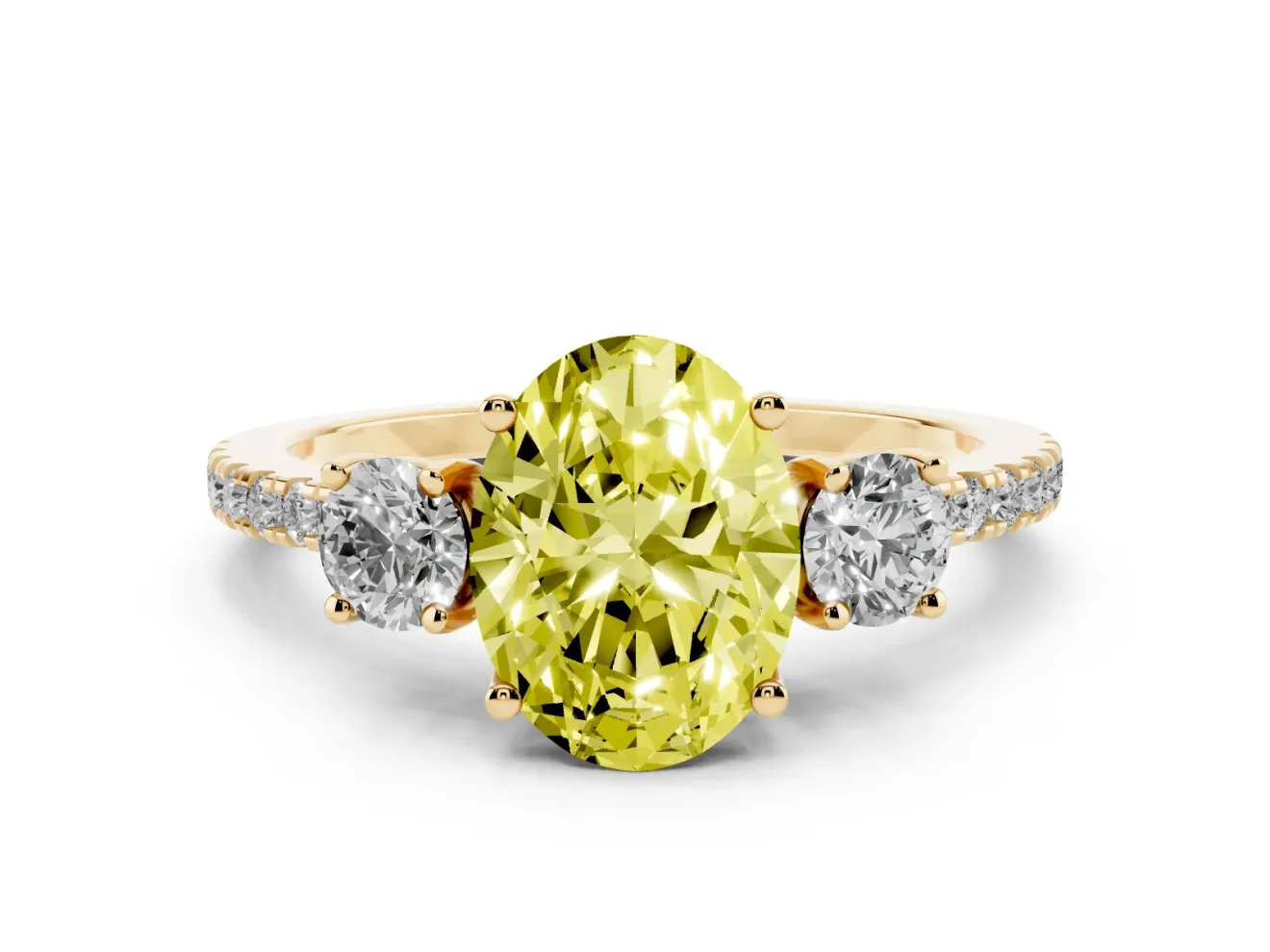 Oval Three Stone Engagement Ring Setting for a Fancy Yellow Lab-Grown Diamond | Pave Shoulders | Yellow Gold