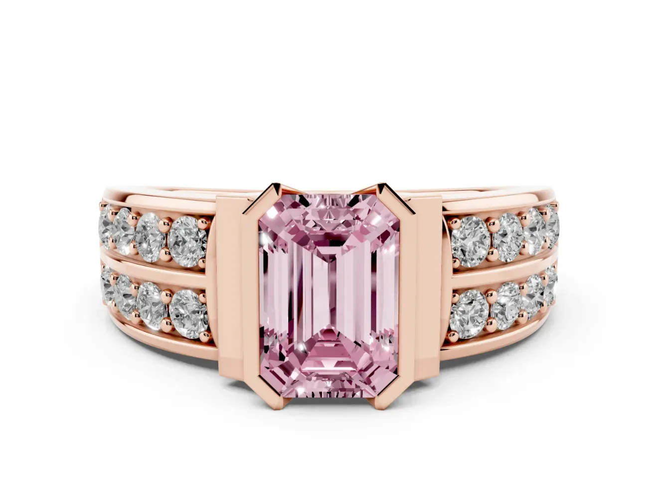Emerald Cut Half Bezel Engagement Ring Setting for a Fancy Pink Lab-Grown Diamond | Double Row Channel Band | Rose Gold