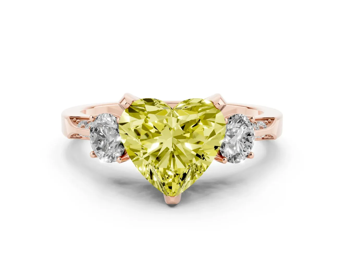 Heart-Shaped Hidden Halo Three Stone Engagement Ring Setting for a Fancy Yellow Lab-Grown Diamond | Rose Gold