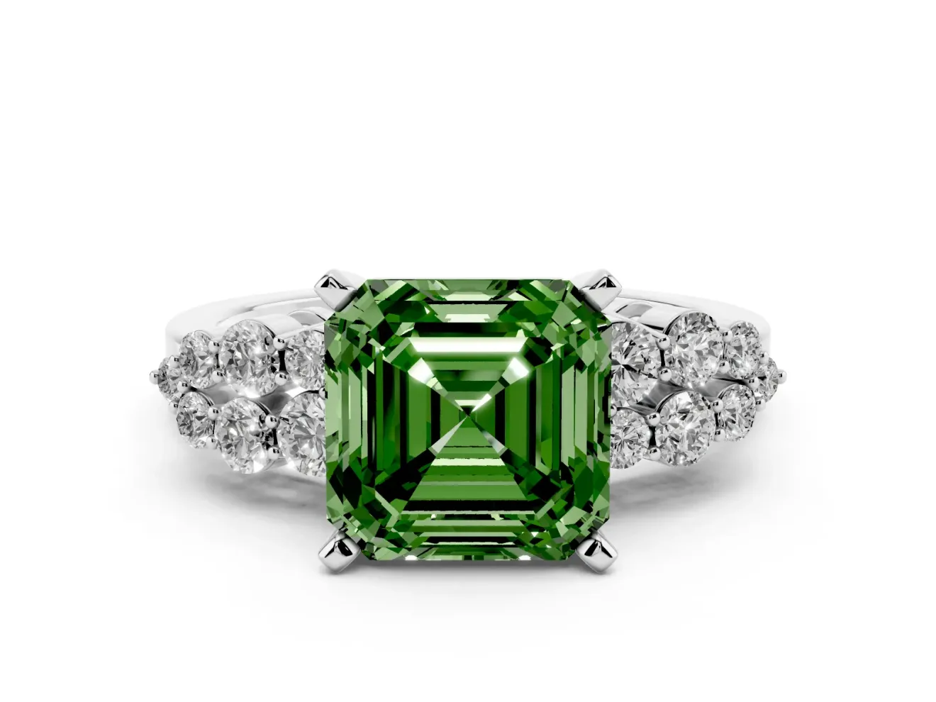 Fancy Green Asscher Cut Diamond Cluster Engagement Ring Set in White gold with Pavé Band and Prong Setting