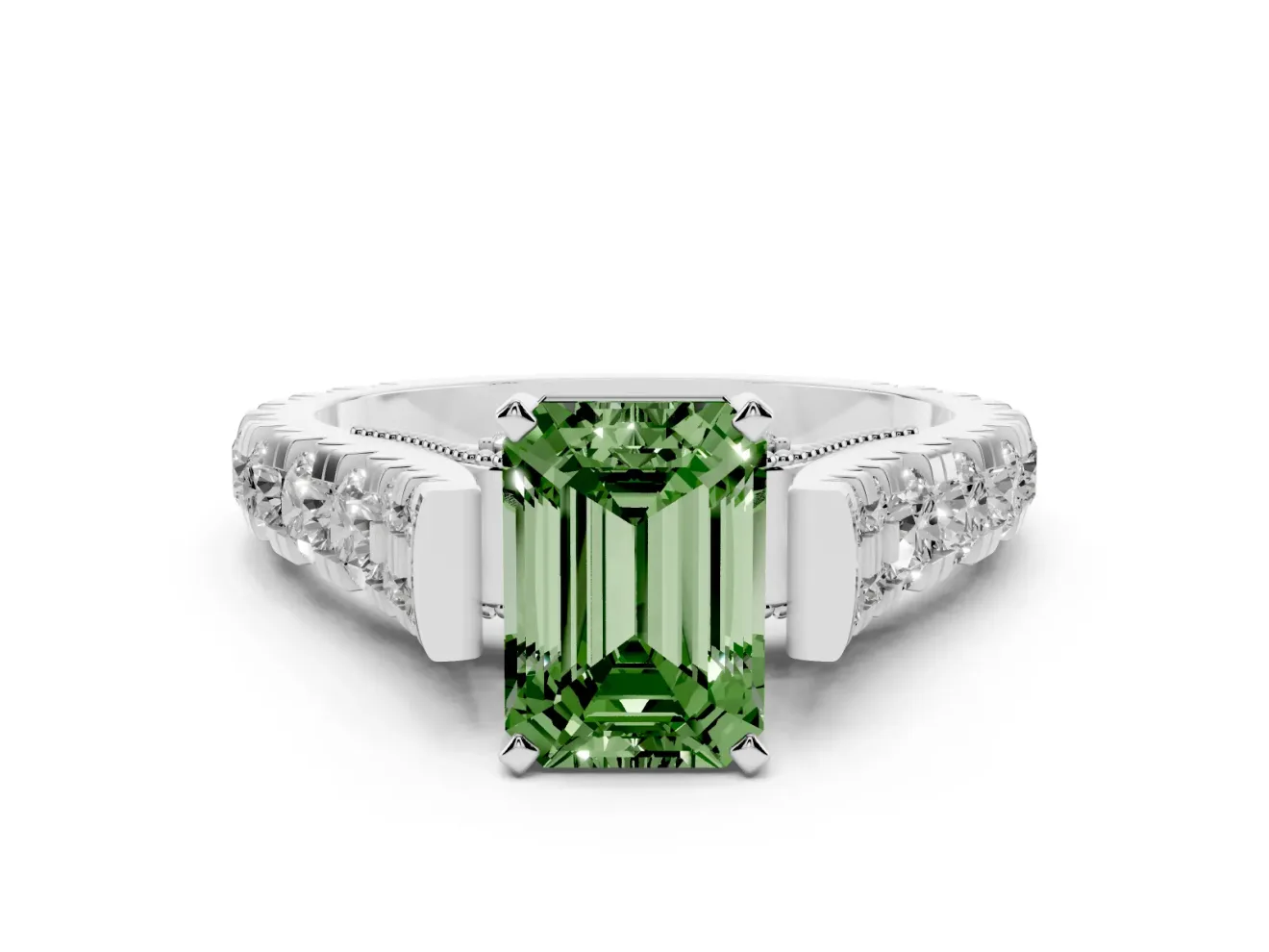 Fancy Green Emerald Cut Diamond Classic Solitaire Ring Set in Platinum with Pavé Band and Prong Setting