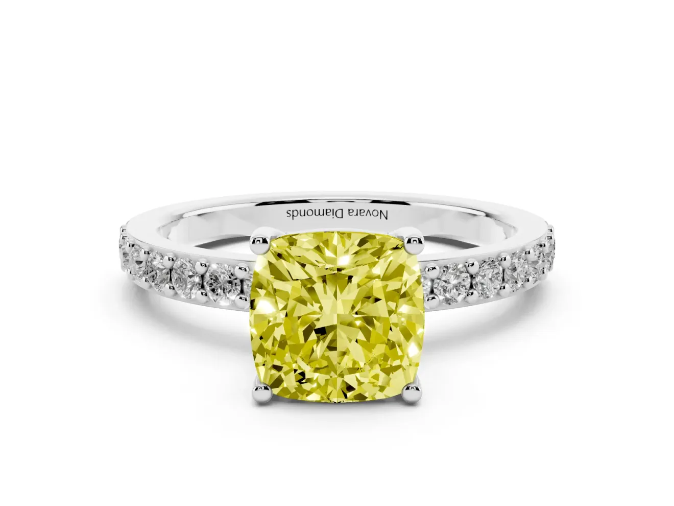 Fancy Yellow Cushion Cut Diamond Solitaire Set in Silver with Round Pavé Band and Prong Setting