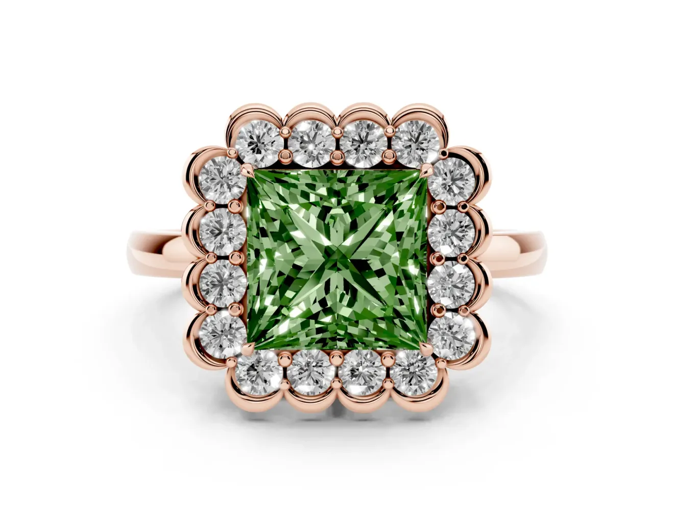 Princess Cut Scalloped Cluster Halo Engagement Ring Setting for a Fancy Green Lab-Grown Diamond | Plain Band | Rose Gold