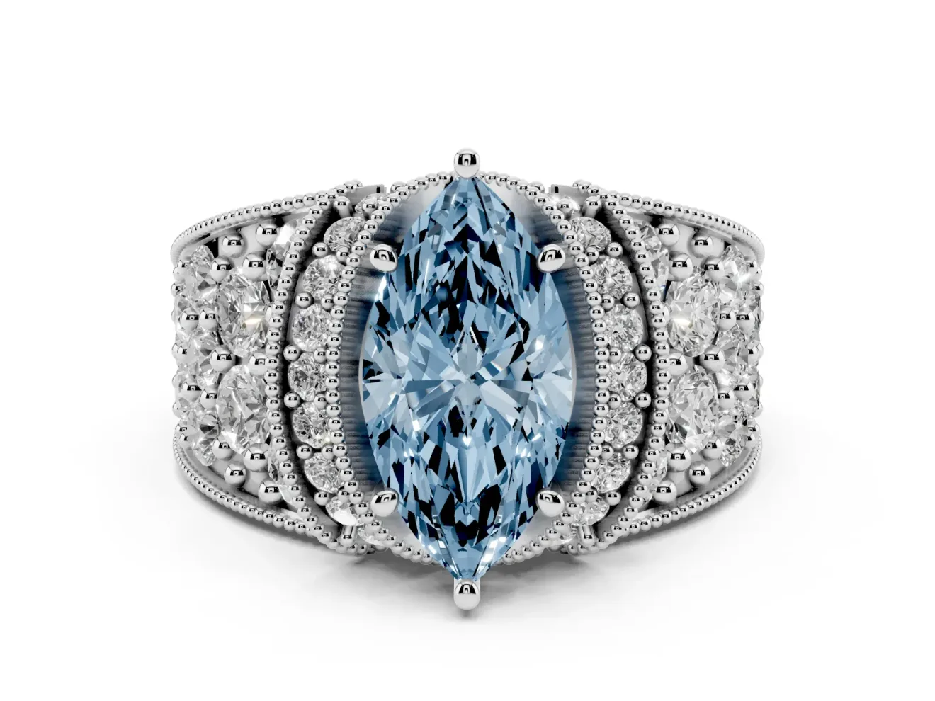Fancy Blue Marquise Cut Diamond Milgrain Halo Pavé Engagement Ring Set in Platinum with Prong Setting