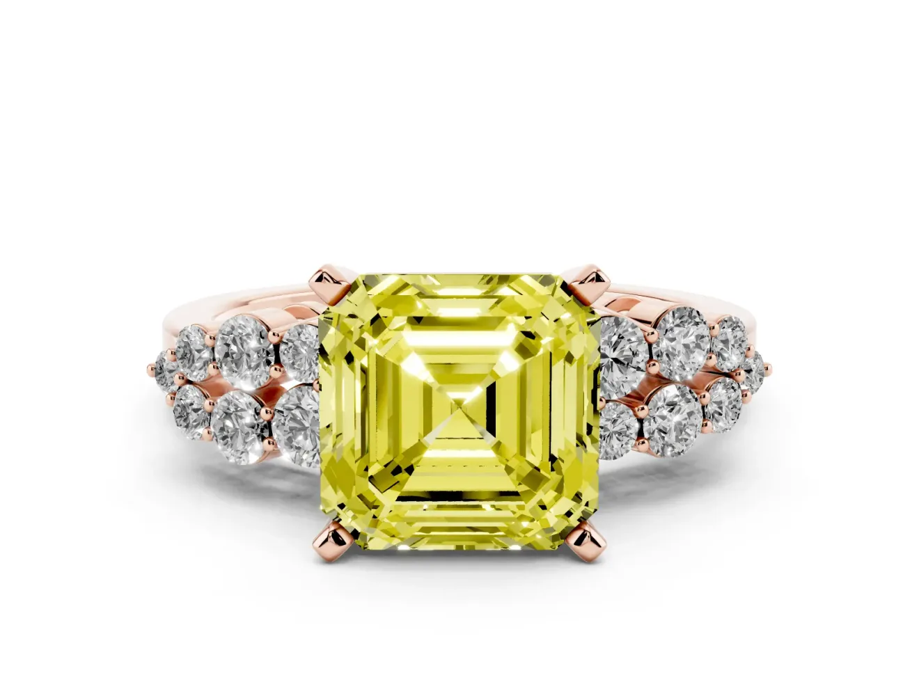 Fancy Yellow Asscher Cut Diamond Cluster Engagement Ring Set in Rose gold with Pavé Band and Prong Setting