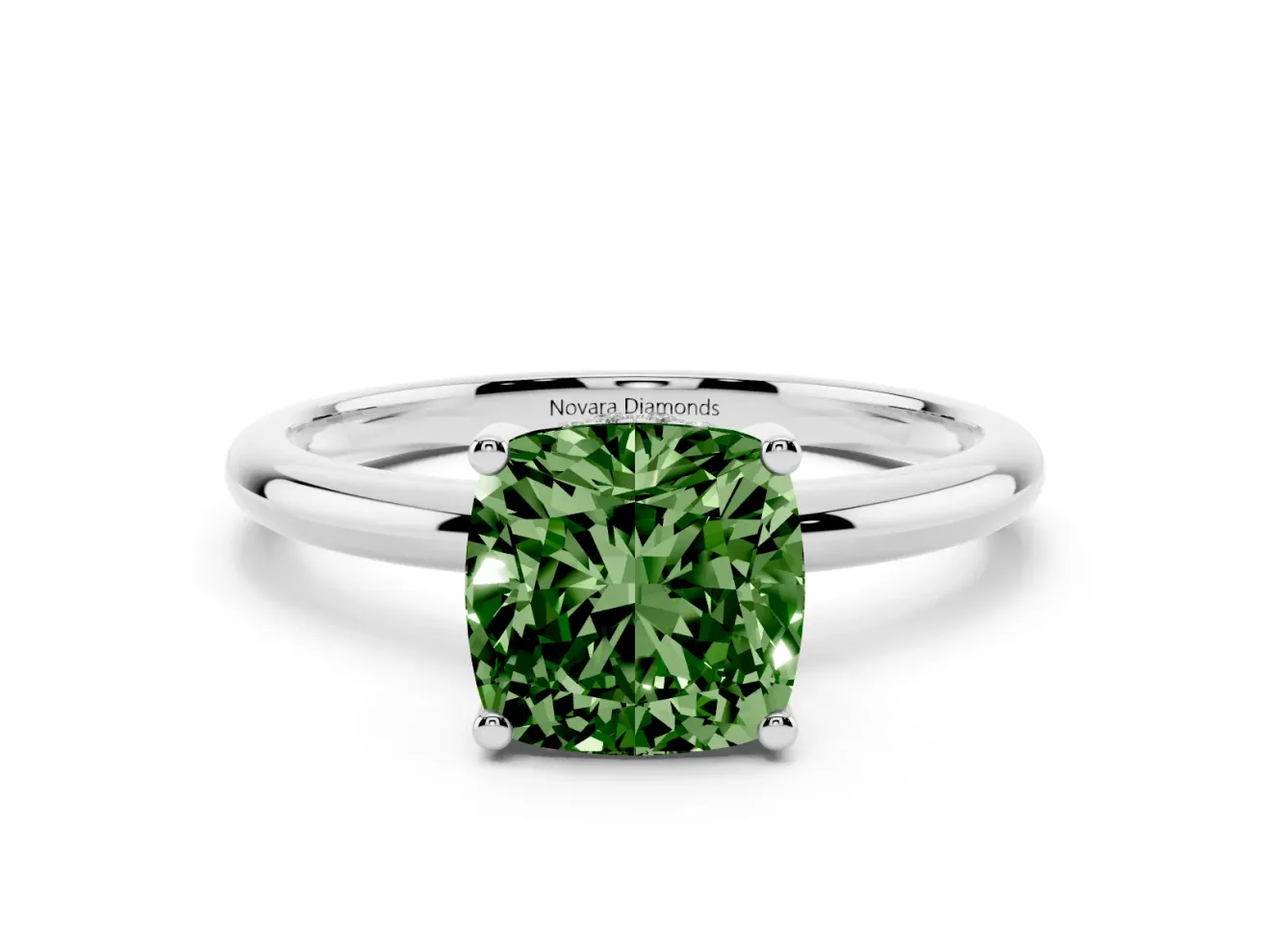 Fancy Green Cushion Cut Diamond Solitaire Engagement Ring Set in White gold with Prong Setting and Polished Band