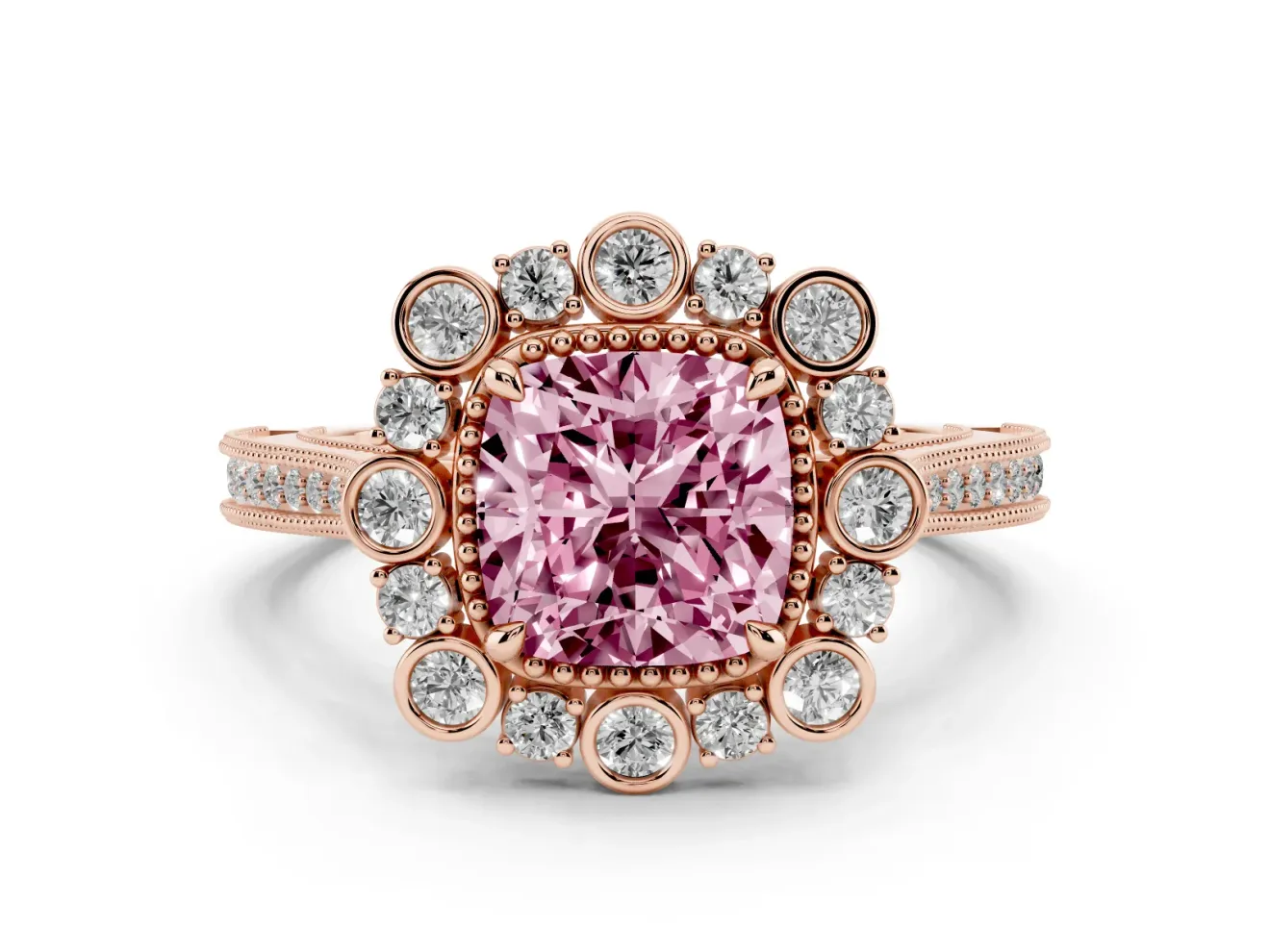 Fancy Pink Cushion Cut Diamond Halo Milgrain Pavé Ring Set in Rose gold with Prong Setting