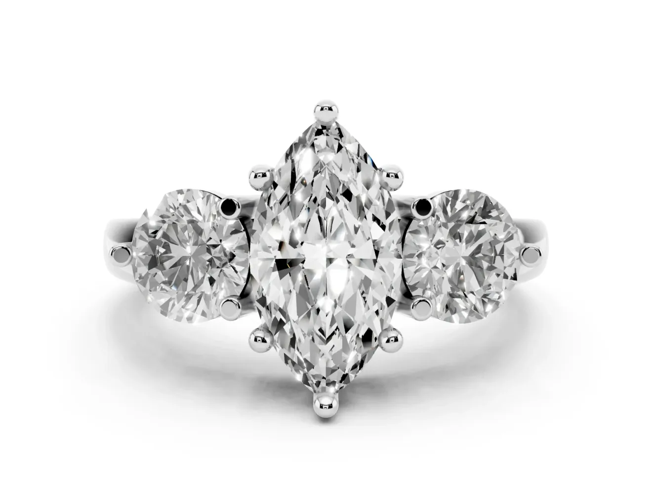 Marquise Cut Diamond Three-Stone Ring Set in White gold with Prong Setting and Classic Band