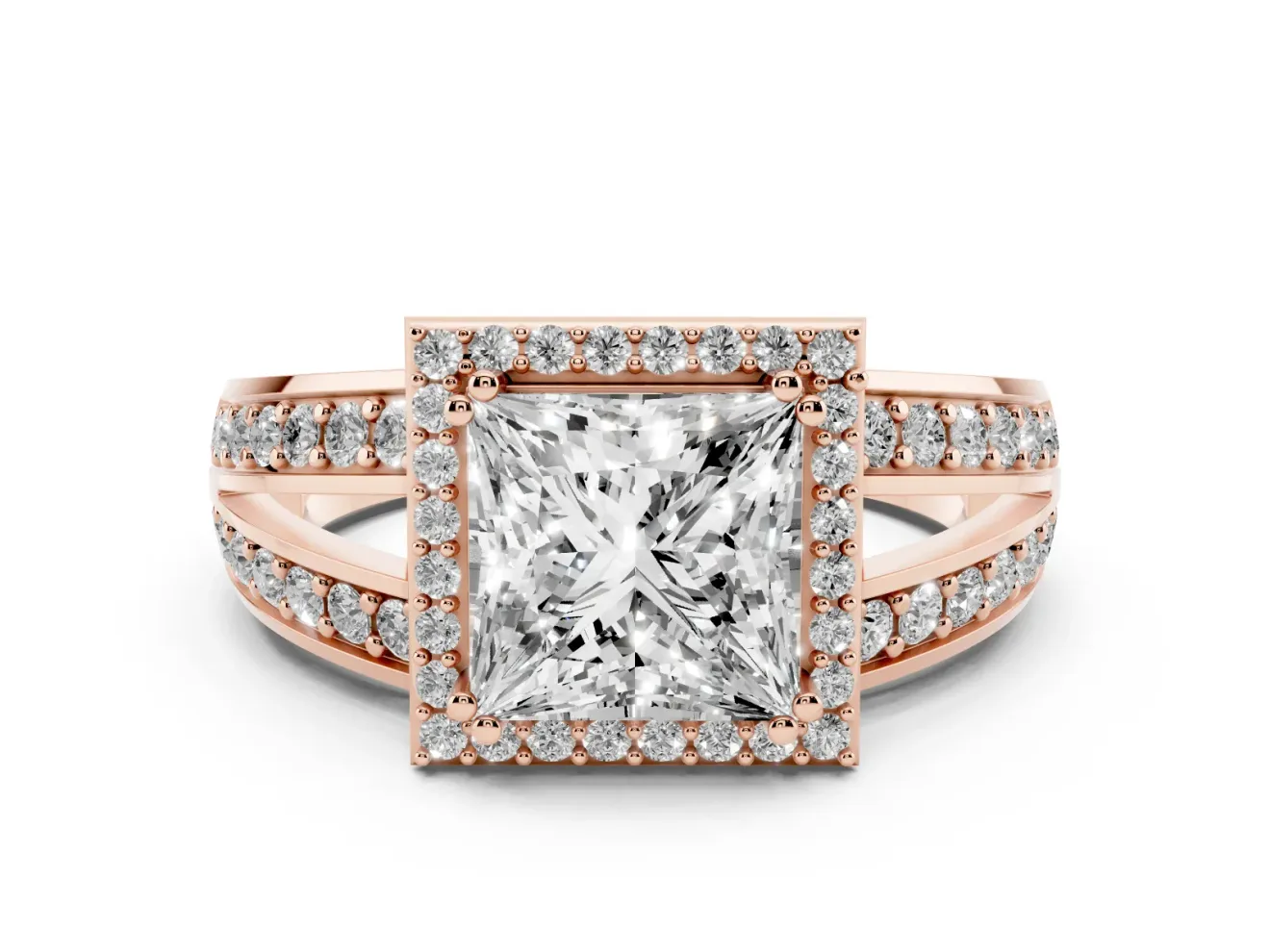Princess Cut Halo Engagement Ring Setting | Two-Row Pave Split Shank | Rose Gold