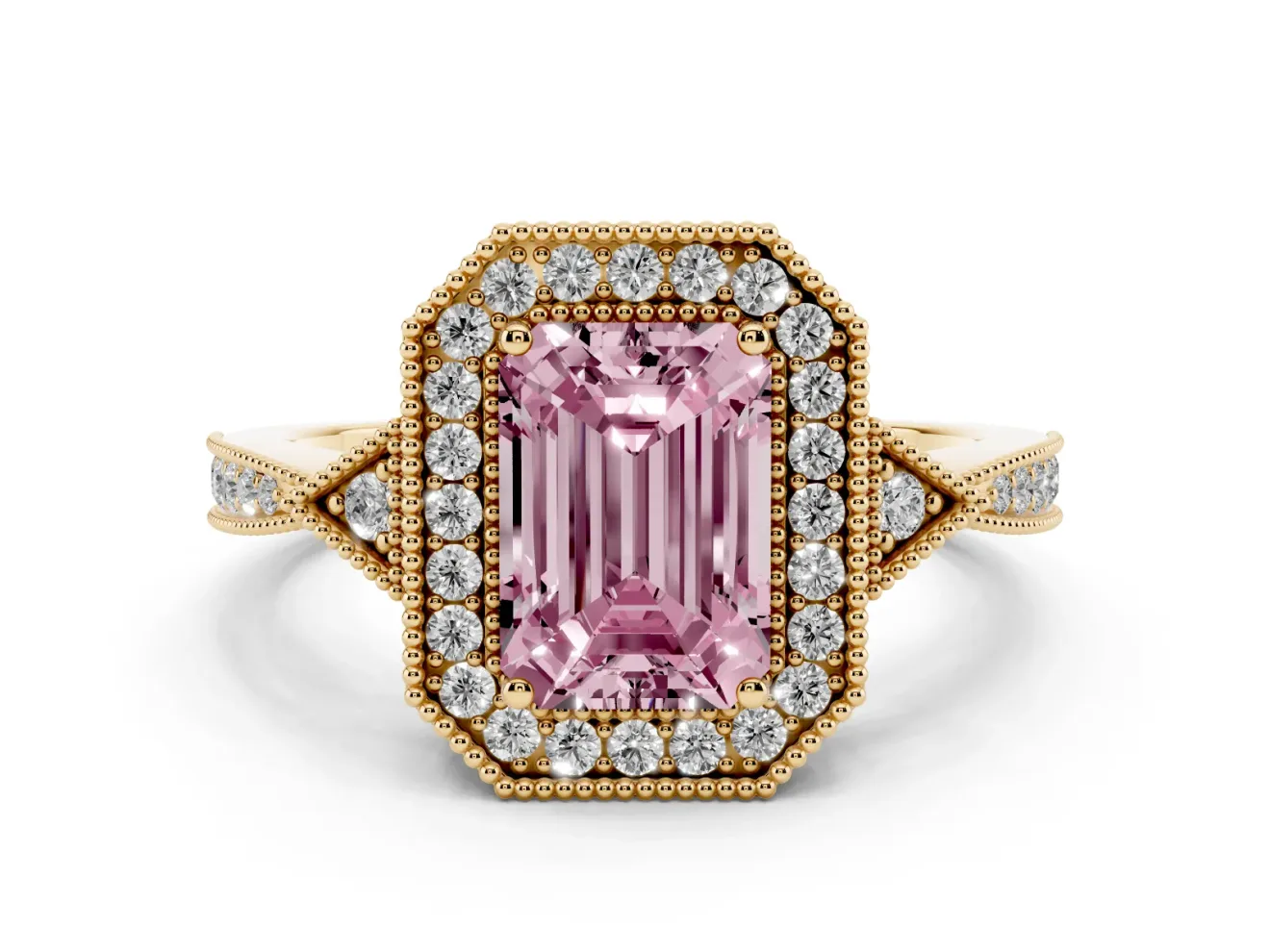 Fancy Pink Emerald Cut Diamond Halo Engagement Ring Set in Yellow gold with Milgrain Pavé Band
