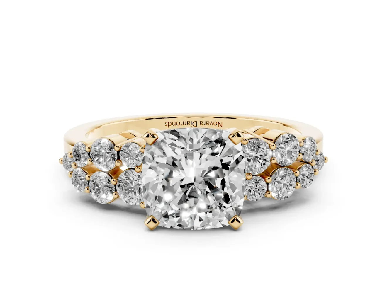 Cushion Cut Diamond Cluster Engagement Ring Set in Yellow gold with Pavé Band and Prong Setting