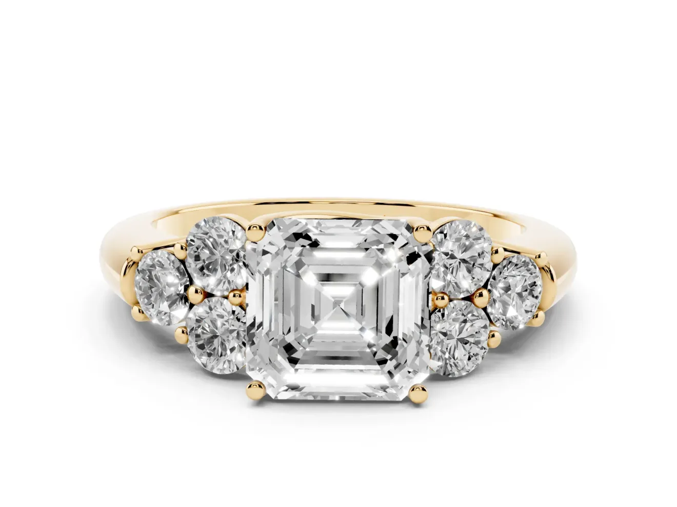 Asscher Cut Side Stone Engagement Ring Setting | Triangle Side Clusters | Yellow Gold