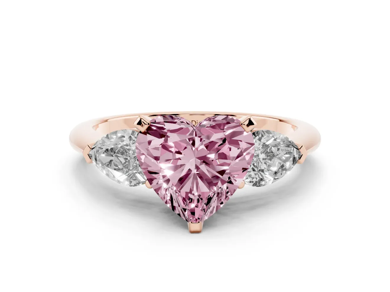 Fancy Pink Three-Stone Heart Cut Diamond Ring Set in Rose gold with Pear Side Stones and Prong Setting