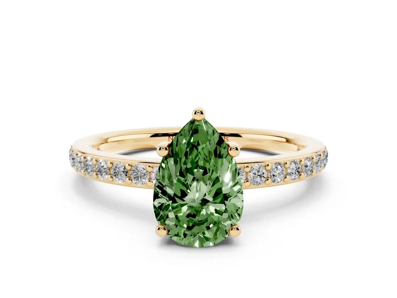 Fancy Green Pear Cut Diamond Pavé Band Ring Set in Yellow gold with Prong-Set Center Stone