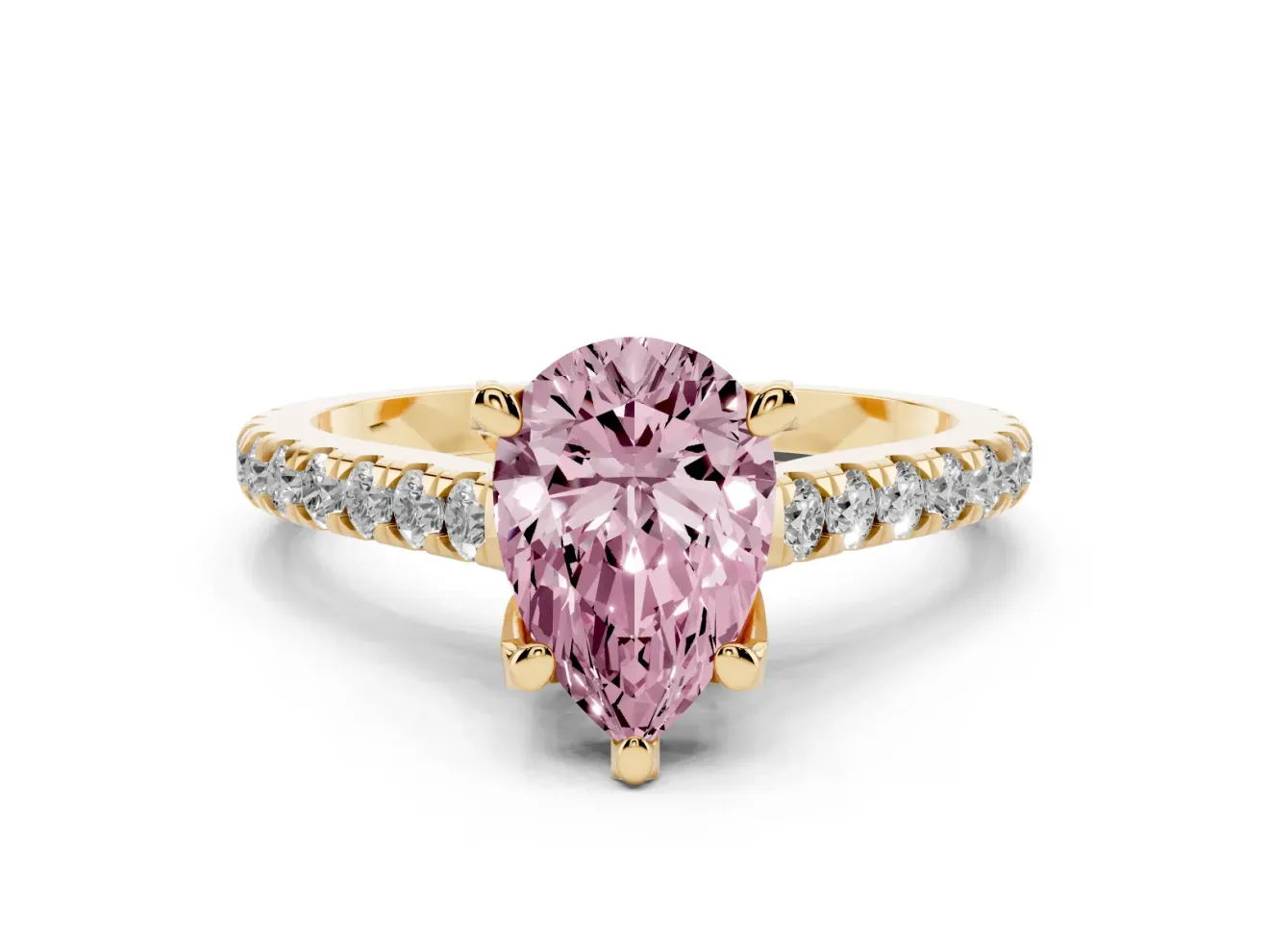 Pear-Shaped Hidden Halo Pave Engagement Ring Setting for a Fancy Pink Lab-Grown Diamond | Claw Prongs | Yellow Gold