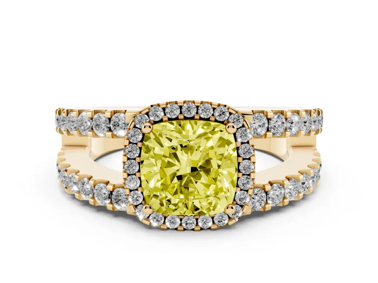 Fancy Yellow Cushion Cut Diamond Halo Ring Set in Yellow gold with Pavé Split Shank and Prong Setting