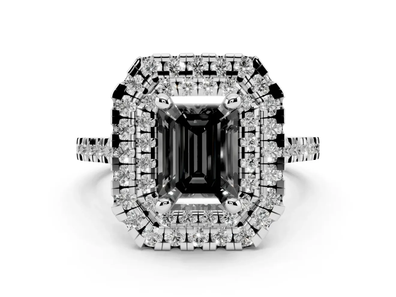 Fancy Black Emerald Cut Diamond Double Halo Statement Ring Set in White gold with Pavé Band