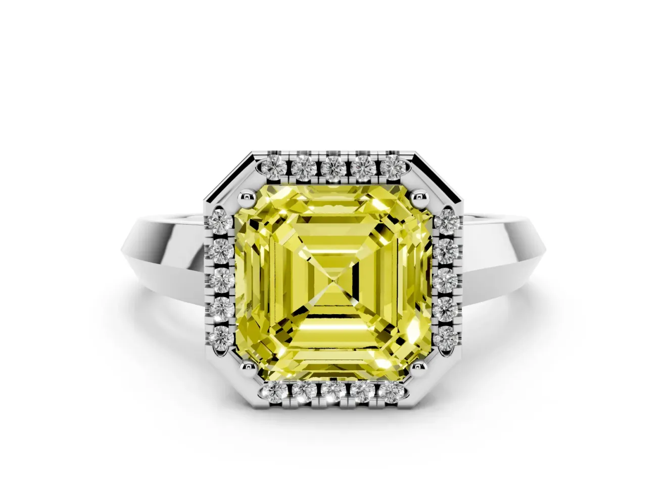 Fancy Yellow Asscher Cut Diamond Halo Ring Set in Silver with Cathedral Band and Prong Setting