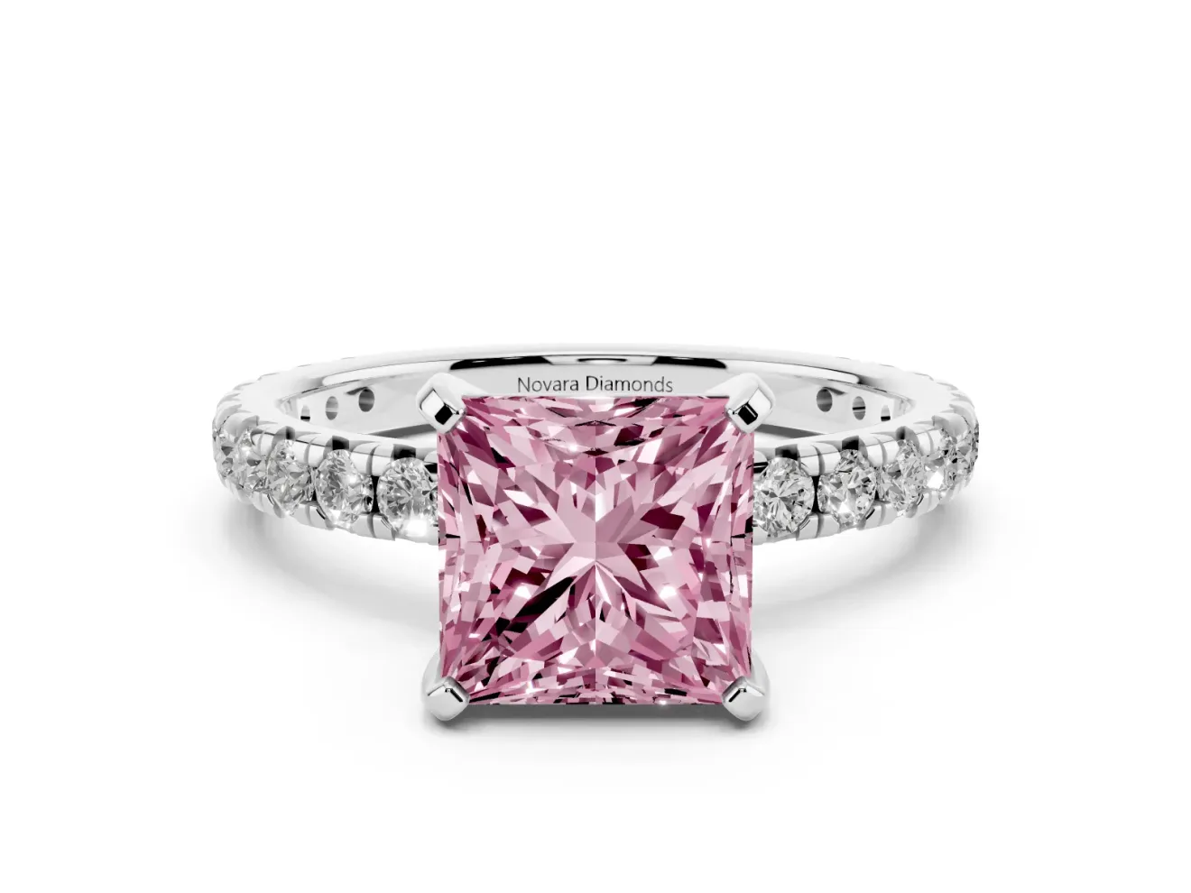 Fancy Pink Princess Cut Diamond Pavé Solitaire Ring Set in Silver with Round Band and Prong Setting
