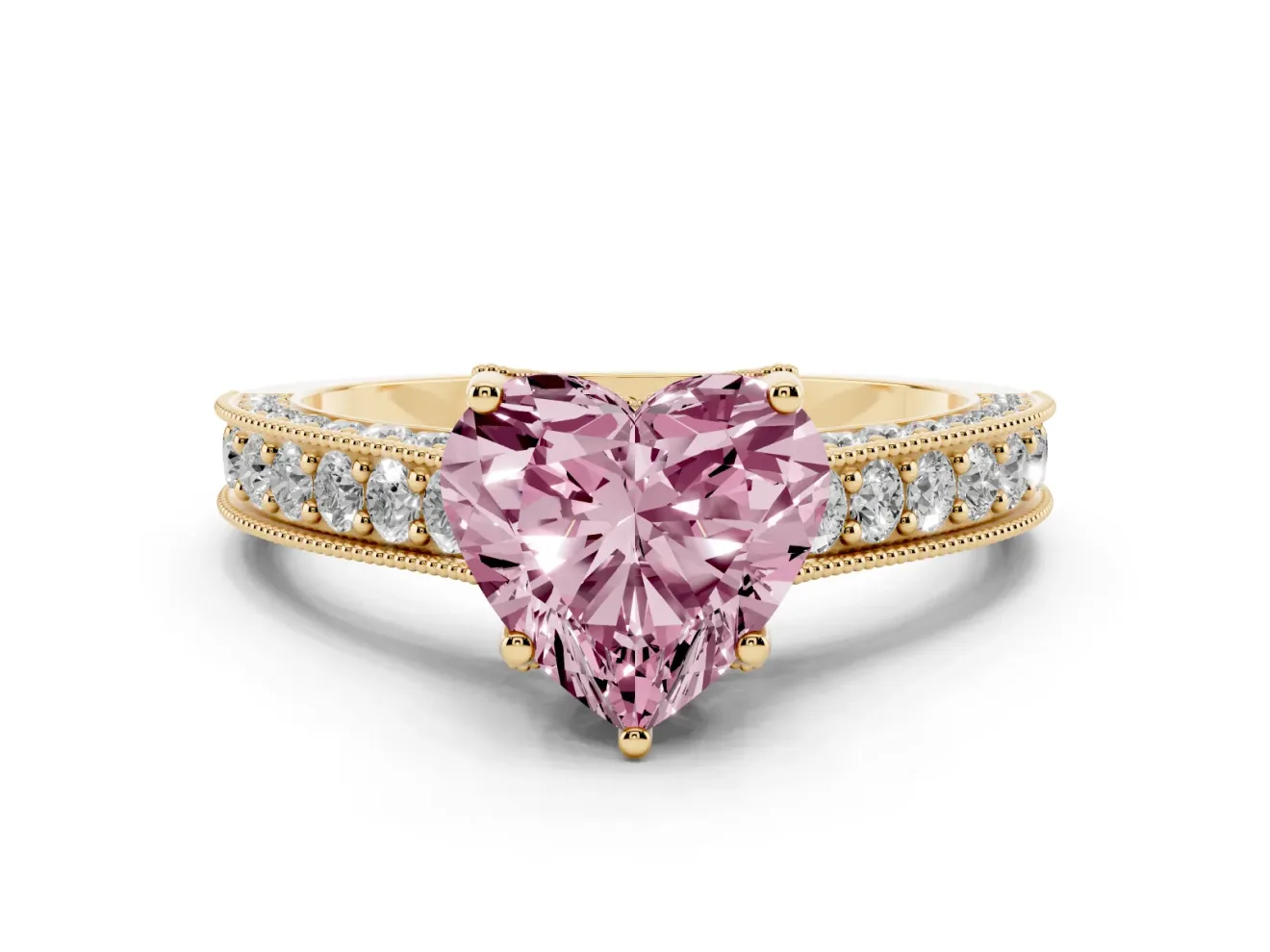 Heart-Shaped Hidden Halo Engagement Ring Setting for a Fancy Pink Lab-Grown Diamond | Milgrain Pave | Yellow Gold