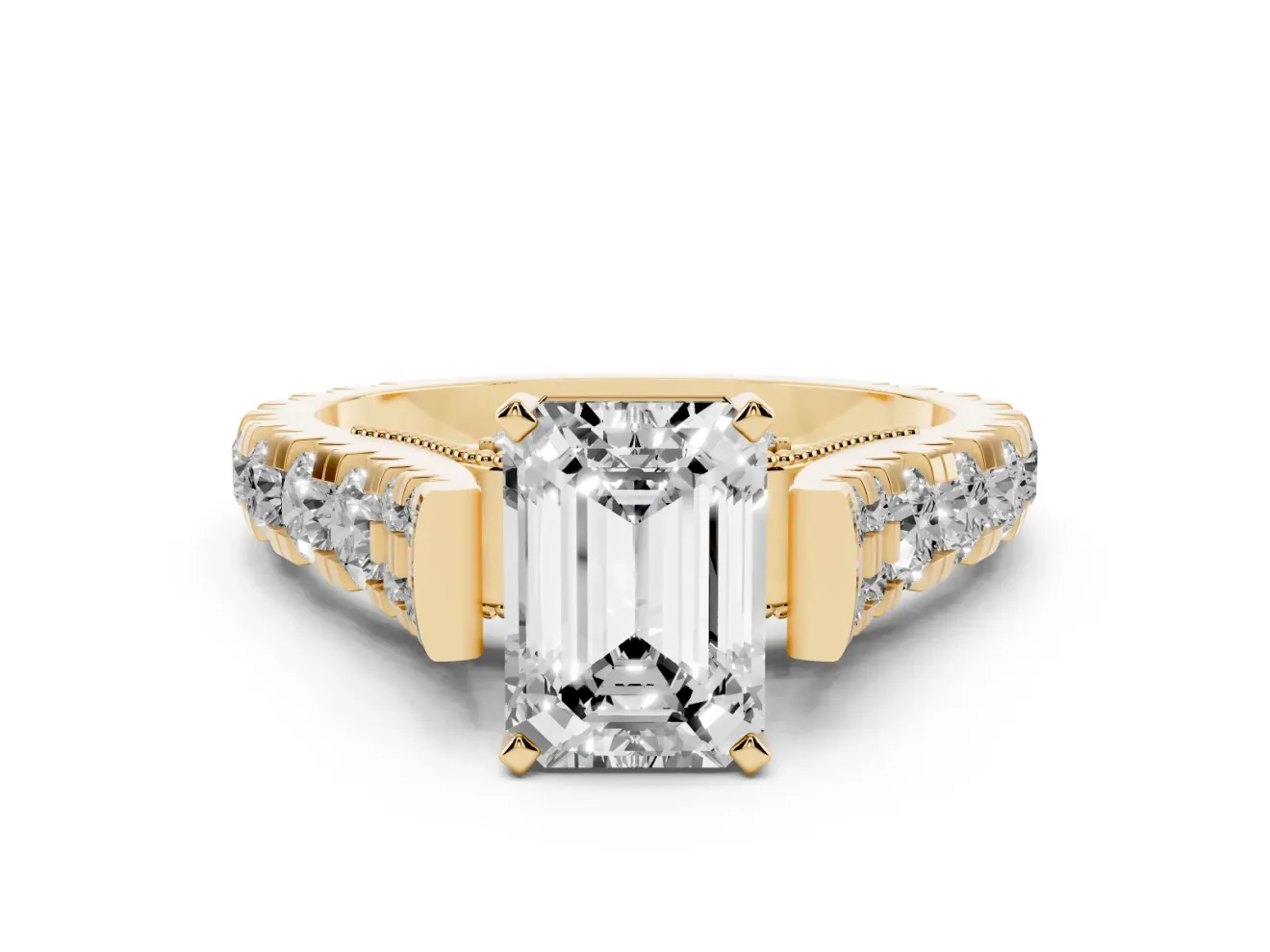 Emerald Cut Diamond Classic Solitaire Ring Set in Yellow gold with Pavé Band and Prong Setting