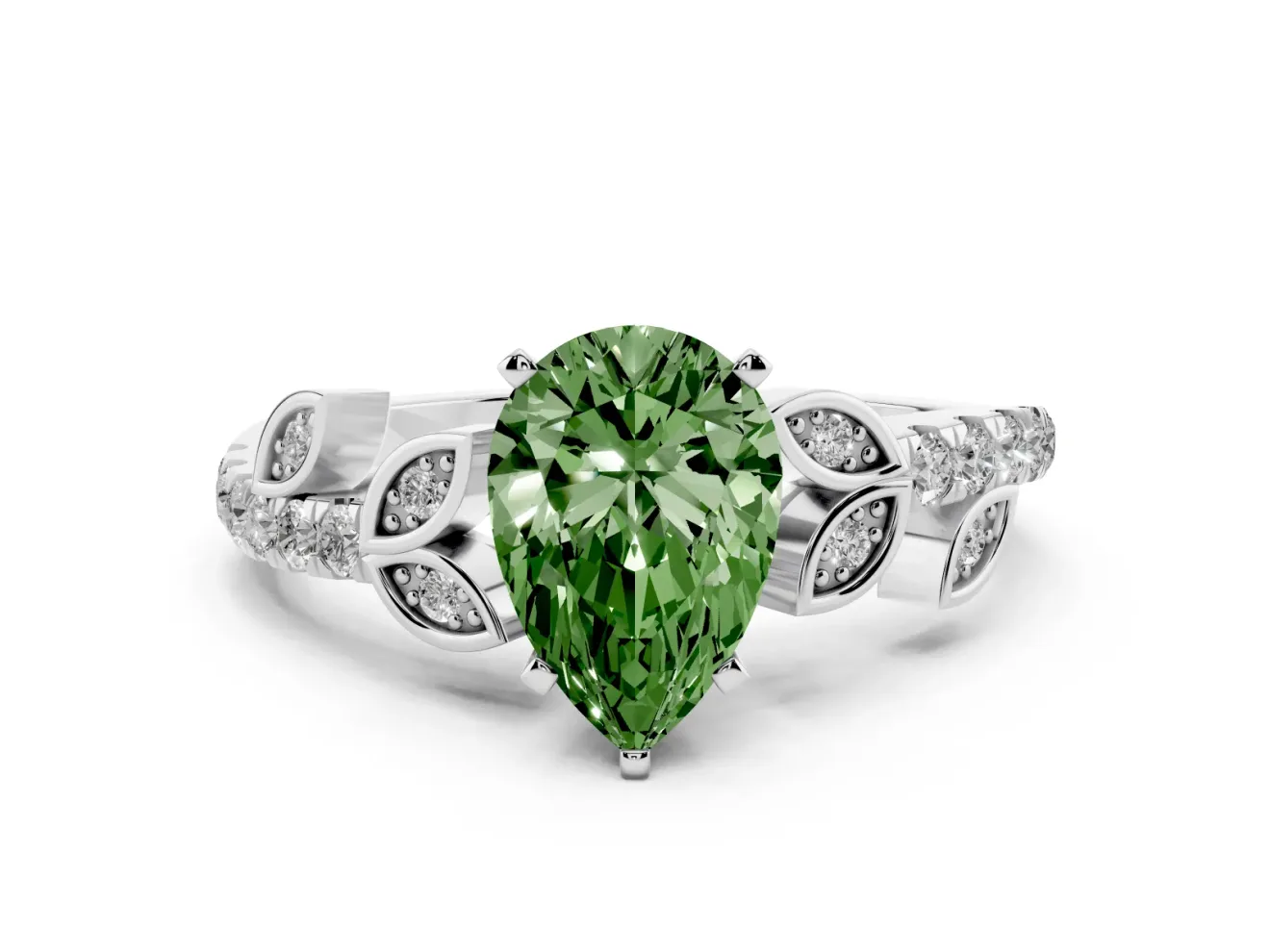 Fancy Green Pear Cut Diamond Solitaire Leaf-Inspired Ring Set in Silver with Pavé Band and Prong Setting