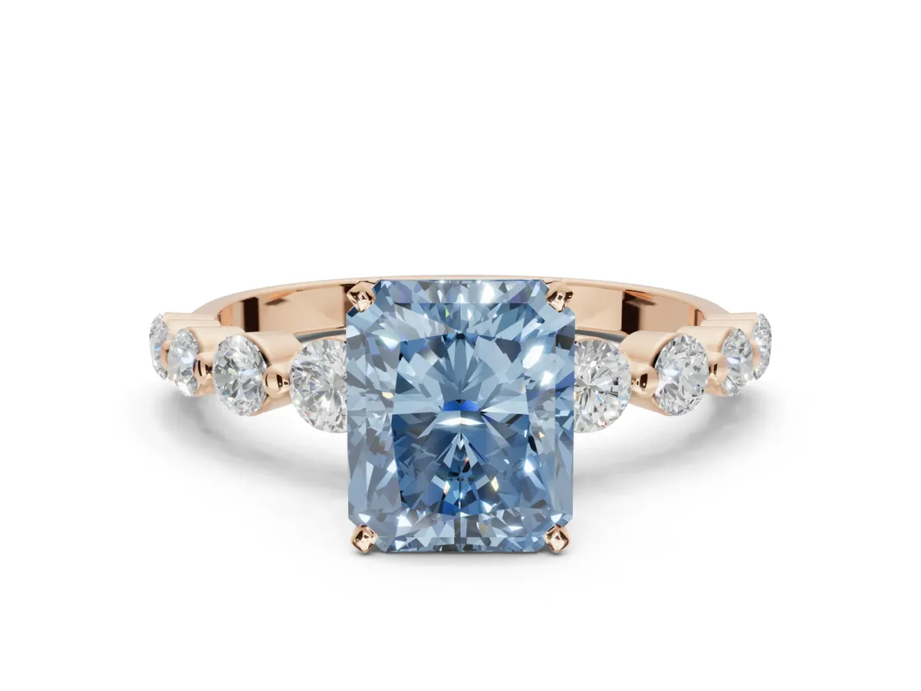 Radiant Cut Graduated Side Stone Engagement Ring Setting for a Fancy Blue Lab-Grown Diamond | Rose Gold