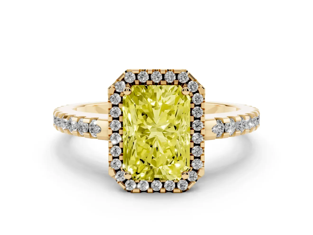 Radiant Cut Pave Halo Engagement Ring Setting for a Fancy Yellow Lab-Grown Diamond | Yellow Gold