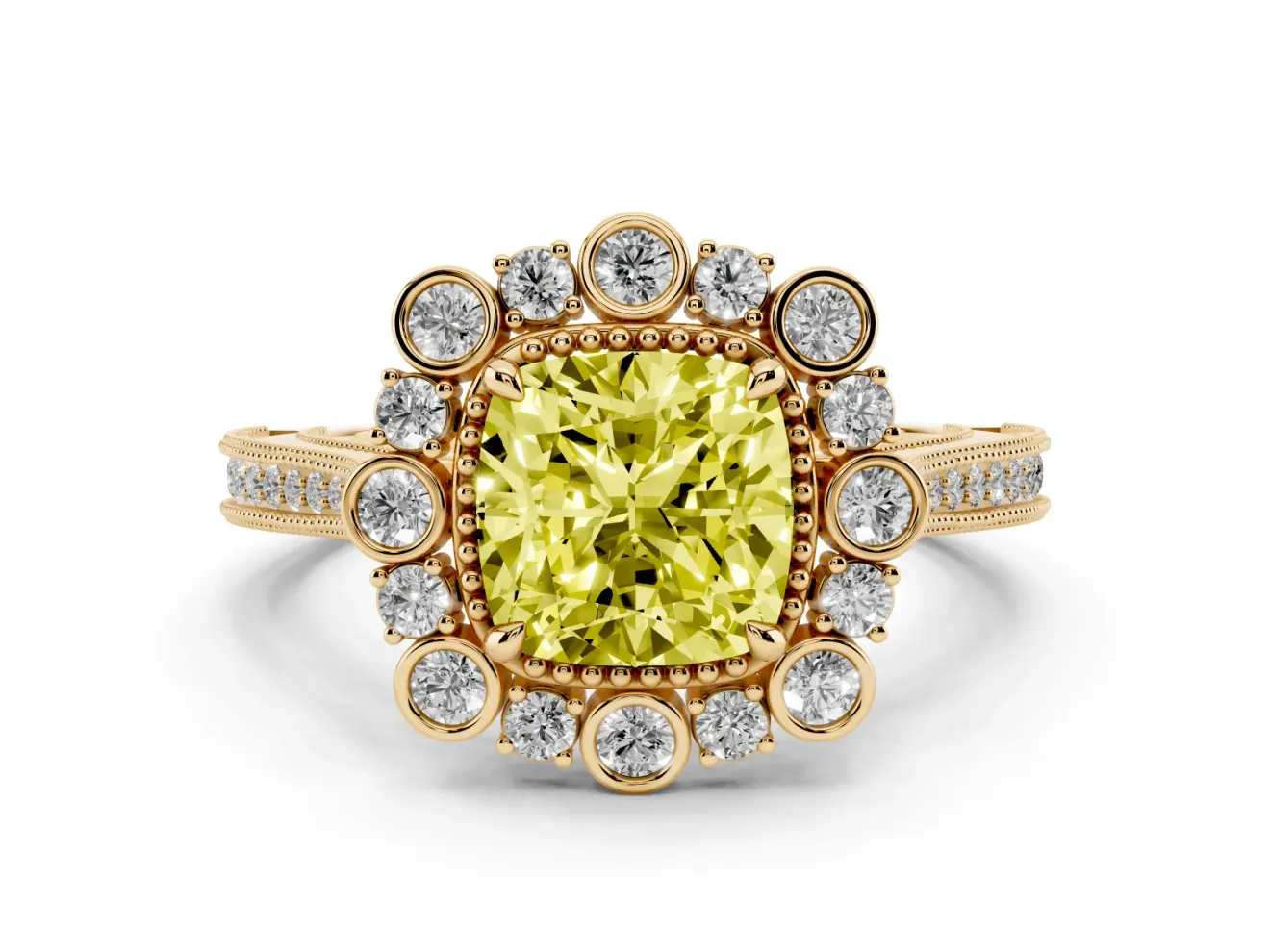 Fancy Yellow Cushion Cut Diamond Halo Milgrain Pavé Ring Set in Yellow gold with Prong Setting