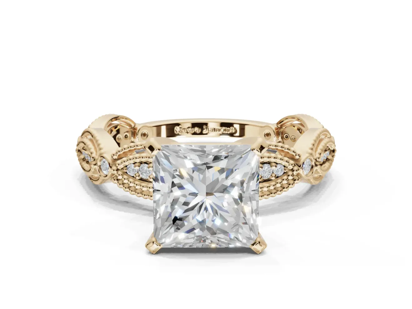 Princess Cut Vintage Milgrain Engagement Ring Setting | Graduated Stations | Yellow Gold