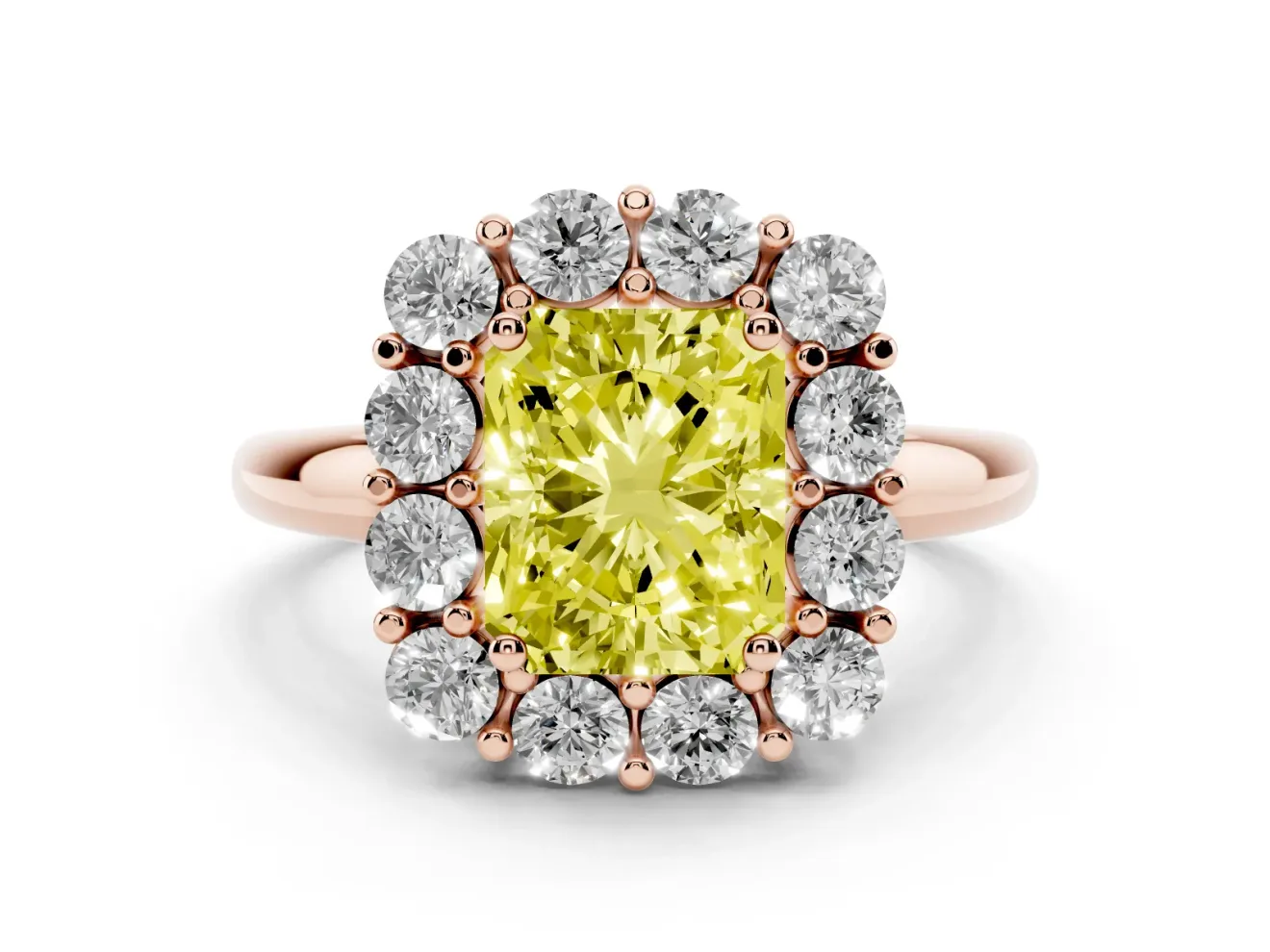 Radiant Cut Cluster Halo Engagement Ring Setting for a Fancy Yellow Lab-Grown Diamond | Large Round Accents | Rose Gold