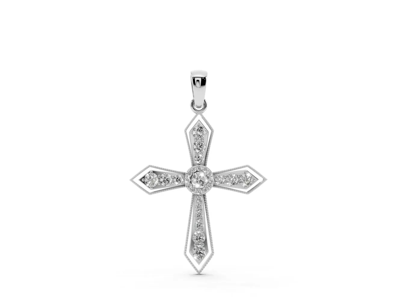 Round Lab-Grown Diamond Vintage Milgrain Cross Pendant Necklace | Pointed Arms | White Gold
