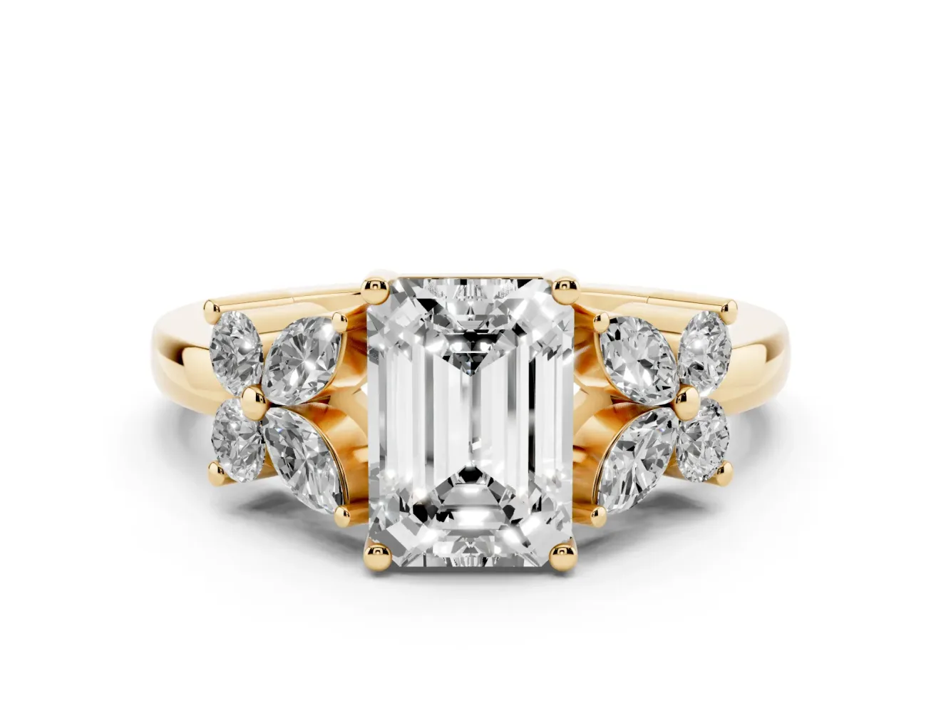 Emerald Cut Diamond Floral Cluster Ring Set in Yellow gold with Marquise Petals and Prong Setting