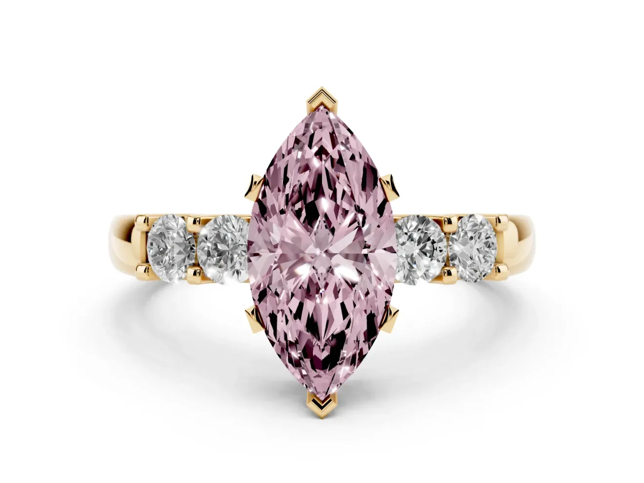 Fancy Pink Marquise Cut Diamond Five-Stone Prong Set Engagement Ring Set in Yellow gold with Channel Band
