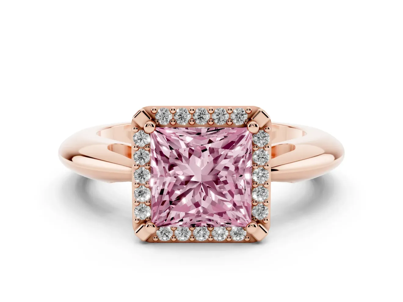 Princess Cut Halo Engagement Ring Setting for a Fancy Pink Lab-Grown Diamond | Plain Tapered Band | Rose Gold
