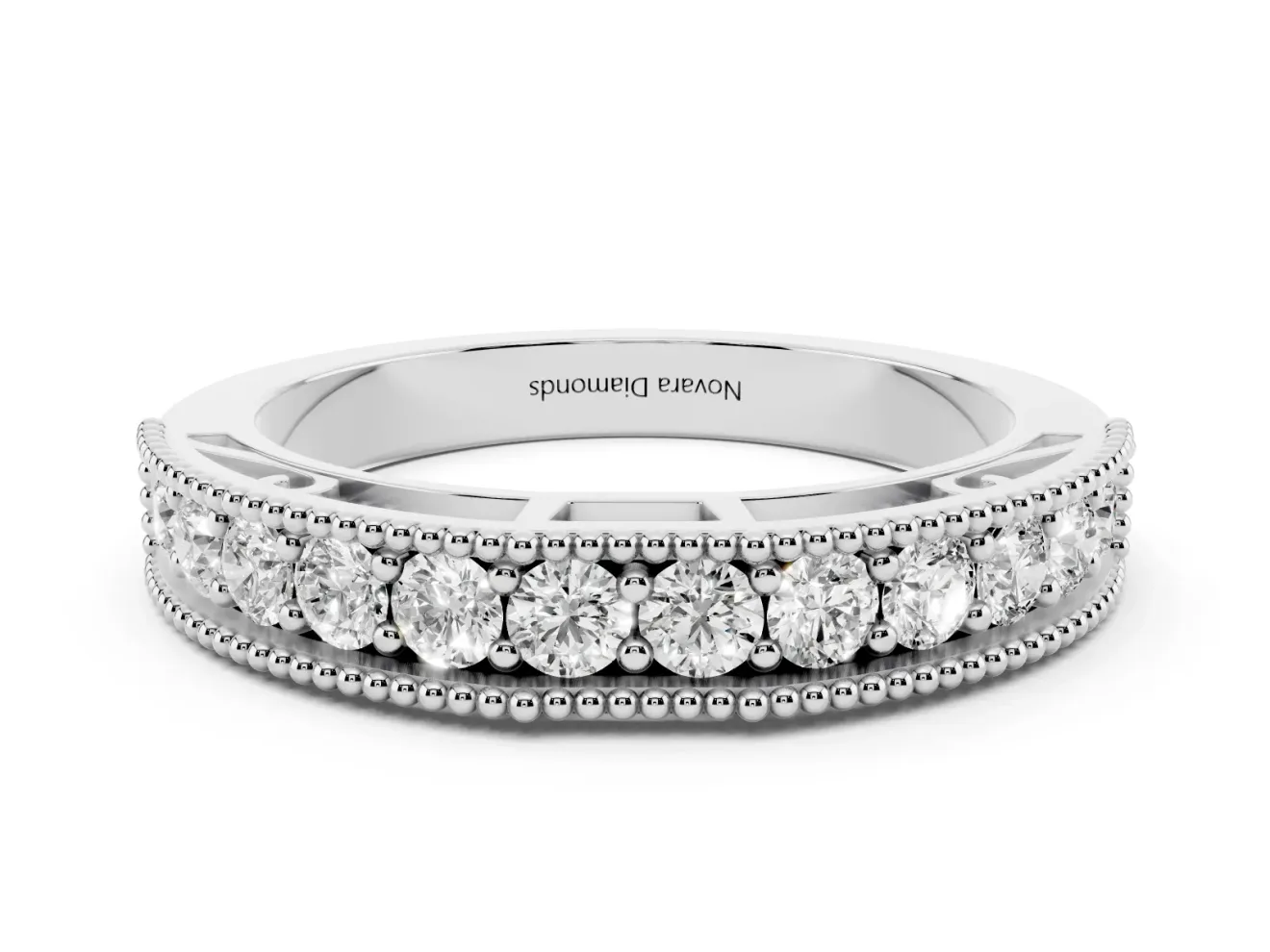 Round Diamond Pavé Chevron Band Set in Platinum with Milgrain Edges