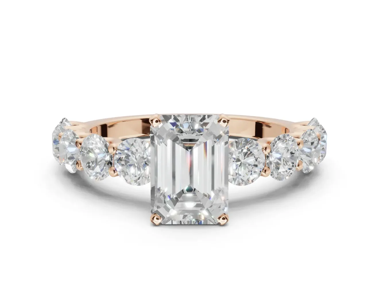 Emerald Cut Side Stone Engagement Ring Setting | Scalloped Prong Accents | Rose Gold